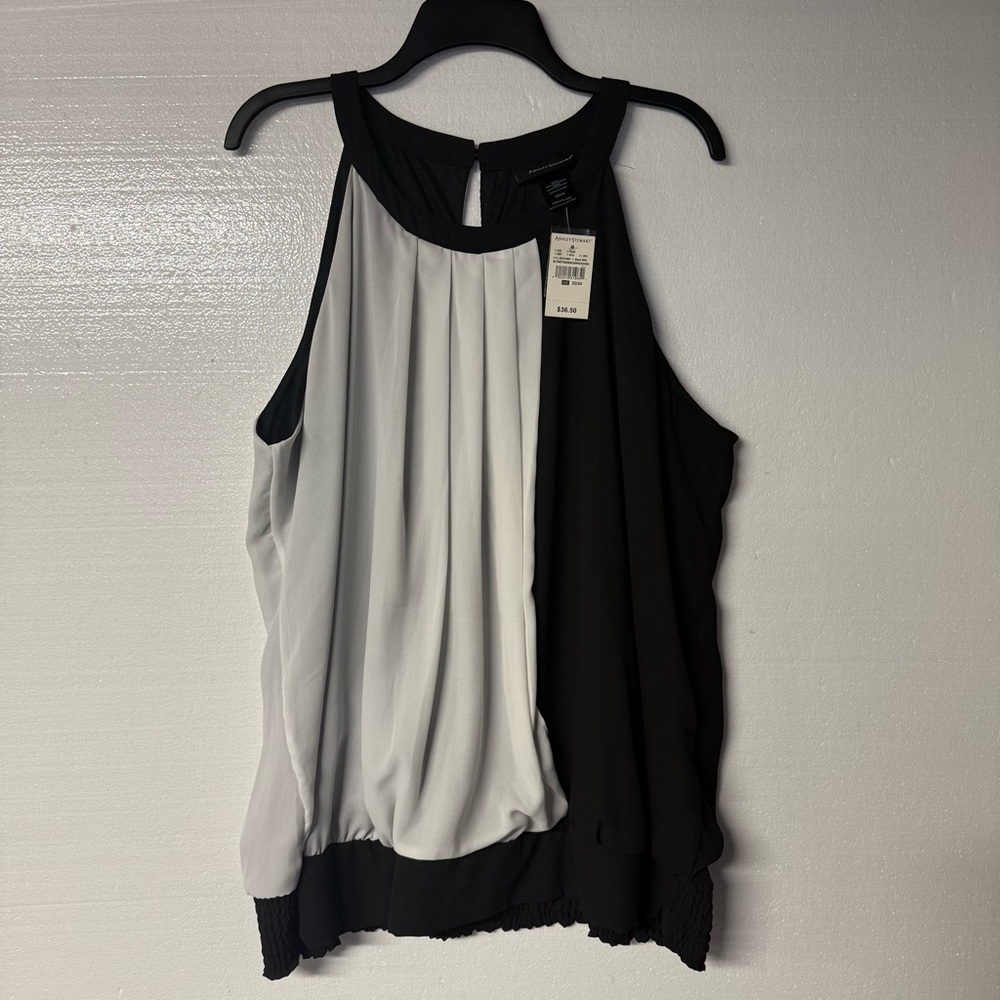 Ashley Stewart Blouse Women 22 Cami Black White Colorblock Sleeveless Keywhole